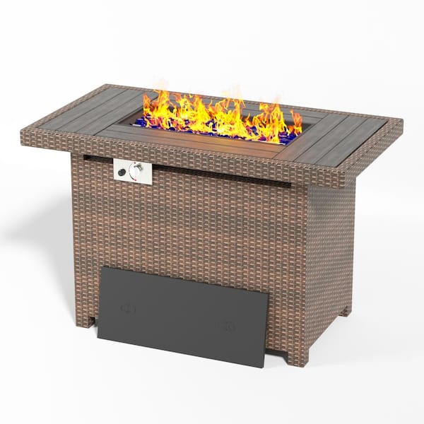 SUNMTHINK 44 in. 50,000 BTU Rectangular Brown Wicker Outdoor Fire Pit Table with Rain Cover Propane Gas