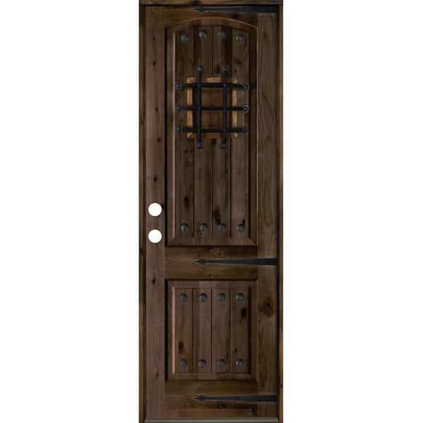 Krosswood Doors 30 in. x 96 in. Mediterranean Knotty Alder Arch Top 2 Panel Right-Hand/Inswing Black Stain Wood Prehung Front Door