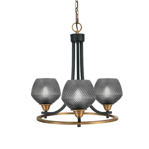 Madison 17.25 in. 3-Light Matte Black and Brass Chandelier Light with 6 in. Smoke Glass Shades, No Bulbs Included