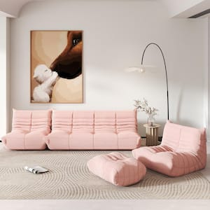 (Set of 4) Pink Teddy Velvet Polyester Large 45-72 in. Bean Bag Fireside Lazy Sofa Couch with Lounge Chairs, Ottoman