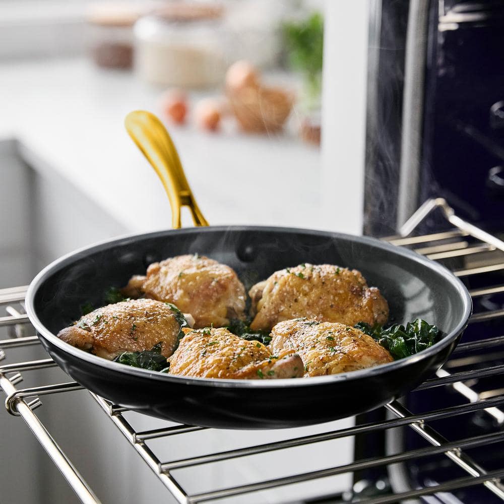 12" Black Aluminum Nonstick Frypan with Gold Handle and Lid