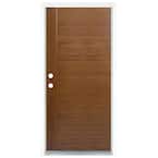 36 in. x 80 in. Medium Oak Right-Hand Inswing Contemporary Teak Stained Fiberglass Prehung Front Door