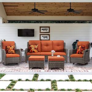 6-Piece Wicker Outdoor Patio Conversation Set Sectional Sofa with Swivel Rocking Chair, Ottomans and Orange Cushions