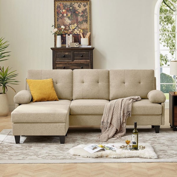 STICKON 86.22 in. W Armless Fabric L-Shaped 3-Seat Sectional Sofa in Beige with Side Storage Pockets (2-Piece)