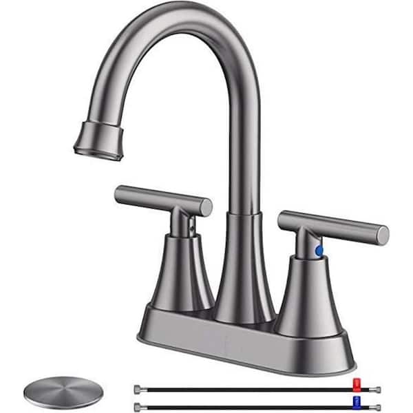 Dyiom Faucets for Sink 3 Hole, 4 inch Brushed Grey Bathroom Sink Faucet with Pop-up Drain and Supply Hoses, Bath Accessory Set