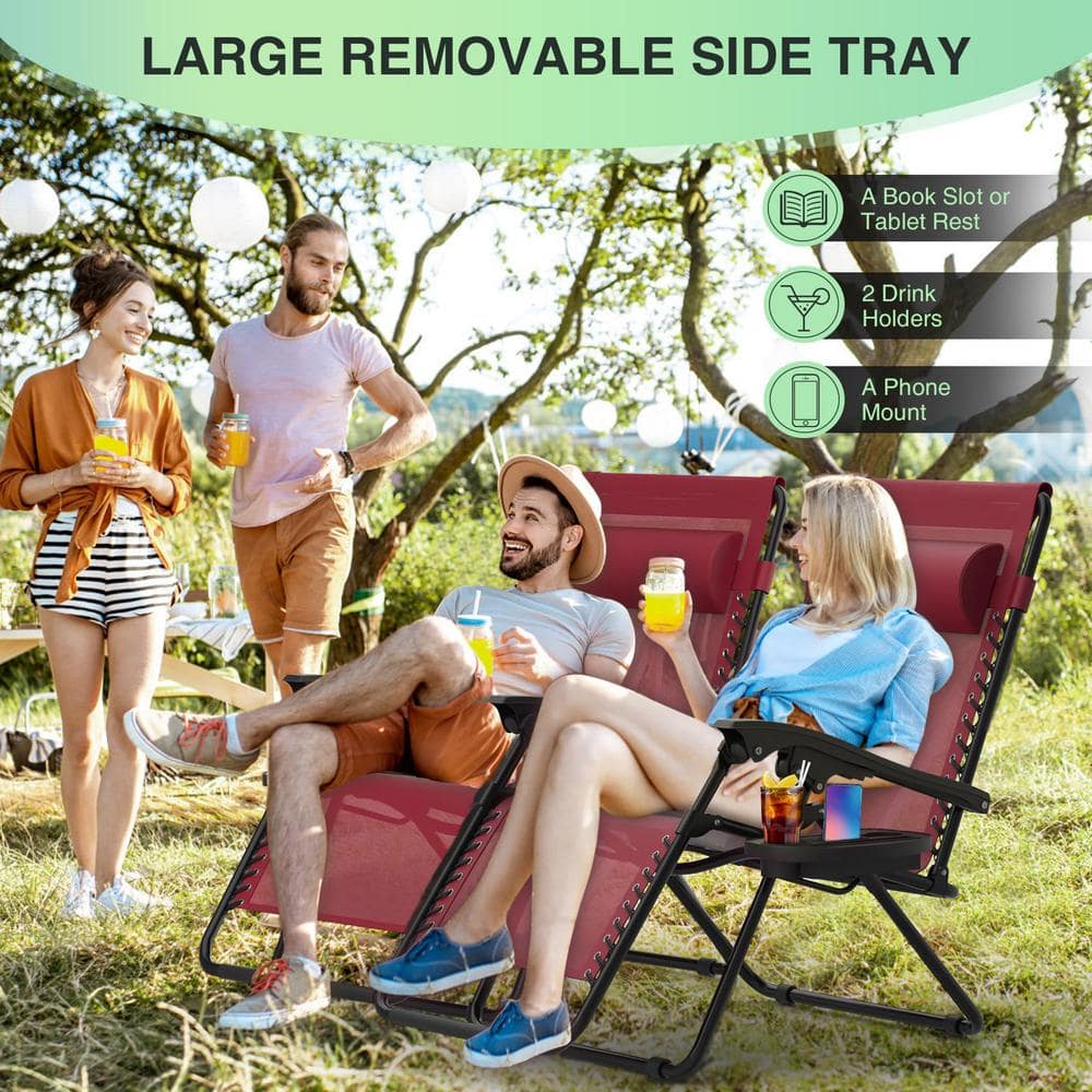 Claret Steel Zero Gravity Reclining Lounge Chair Set with Cup Holder