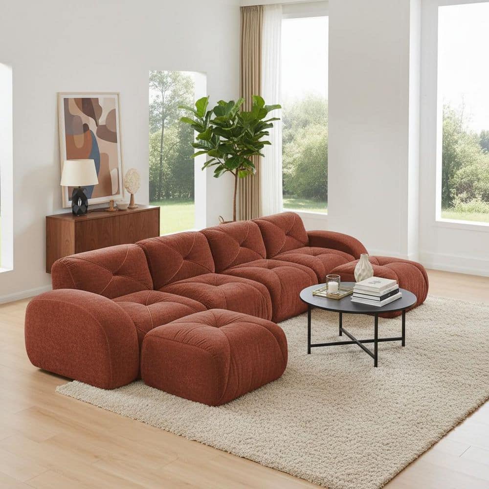 SAND 140.9 in. Round Arm U-Shape Velvet Modular Sectional Sofa with Ottoman in Burgundy Red, Ergonomic Design Bottom