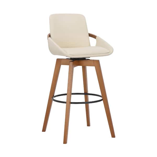 Bar Height Swivel Wood Stool, Ivory Faux Leather Counter Stools