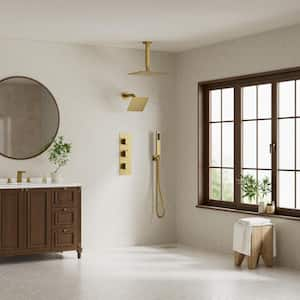 Thermostatic 5-Spray 12 in. Ceiling Mount Dual Shower Head and Handheld Shower in Brushed Gold (Valve Included)