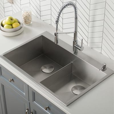 Pax Drop-In Stainless Steel 33 in. 2-Hole 50/50 Double Bowl Kitchen Sink