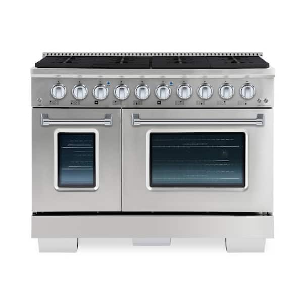 Hallman BOLD, 48-IN, 8 Burner, Freestanding, Double Oven Dual Fuel Range with Gas Stove and Electric Oven, in. Stainless Steel