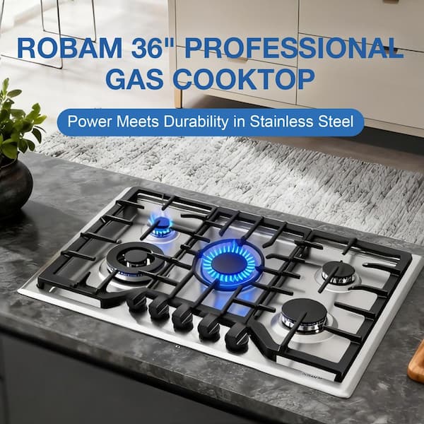 36 in. 5 Sealed Brass Burners Recessed Gas Cooktop in Stainless Steel with 15000 BTU Wok Burner and LP Conversion Kit
