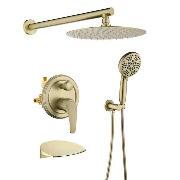 PERLIRIA INC 10 in. Single -Handle 8-Spray Tub and Shower Faucet with Round Handheld Shower 2 GPM in. Brushed Gold Valve Included