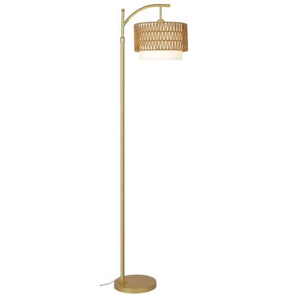 Avex 65 in. Gold+Black Farmhouse 1-Light Smart Dimmable Standard Floor Lamp with Rattan and Fabric Double Drum Shade