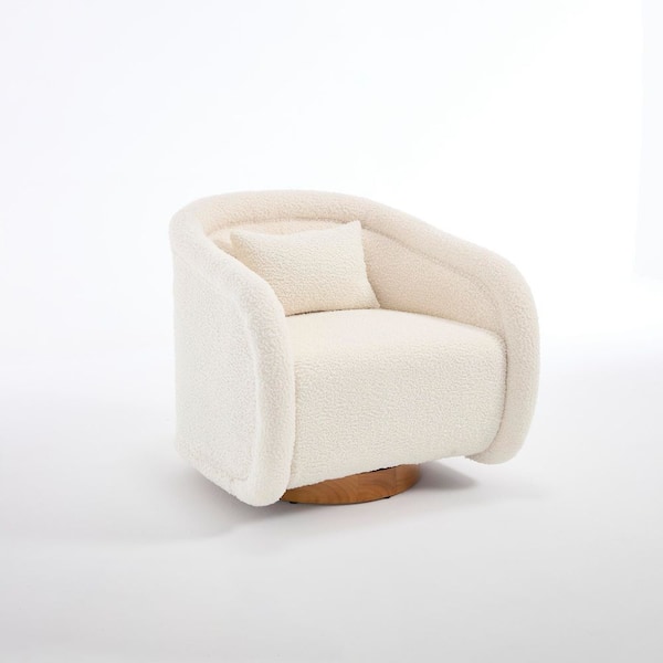 30.7 in. White Teddy Fabric Swivel Accent Chair-360° Rotation, Barrel Shape with Rubber Wood Base