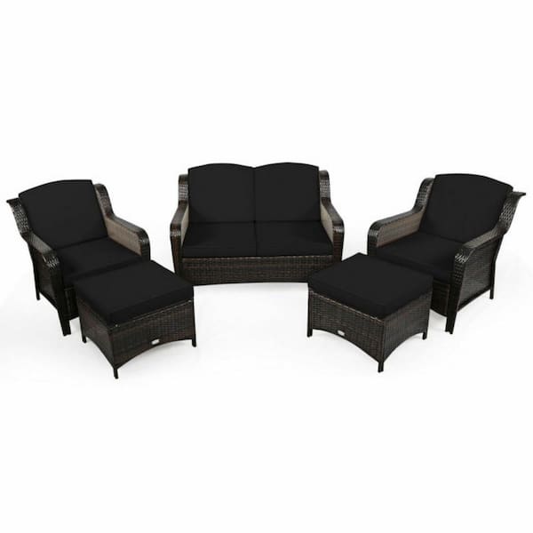 Clihome 5-Piece Wicker Patio Conversation Set Patio Rattan Sofa Set with Black Cushion and Ottoman