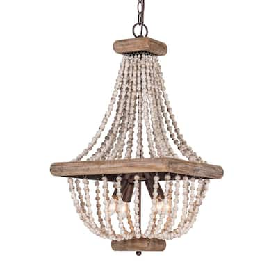 Flint Garden Farmhouse Light Distressed White Wood Beaded Chandelier