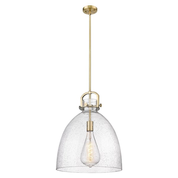 Newton Bell 100-Watt 1-Light Brushed Brass Shaded Mini Pendant Light with Seeded Glass Shade