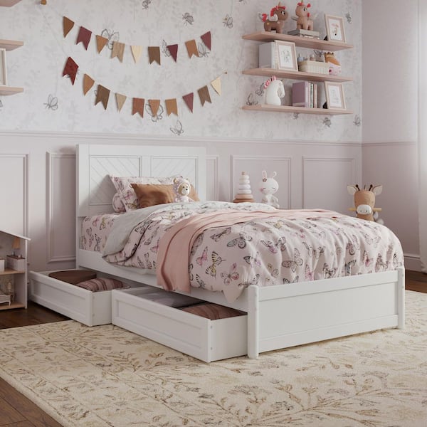 AFI Clayton White Solid Wood Frame Twin Platform Bed with Panel Footboard and Storage Drawers