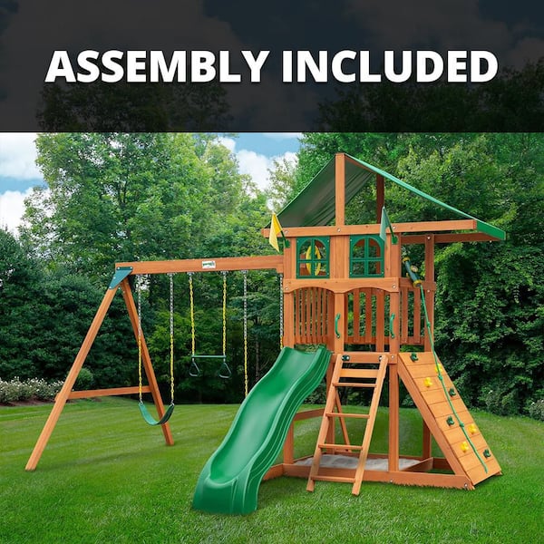 Gorilla Playsets Professionally Assembled Outing III Treehouse Kids Outdoor Playground Set with Slide, Sandbox, Swing Set, Accessories