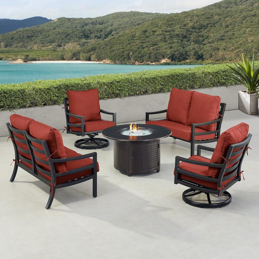 Black 7-Piece Aluminum Patio Fire Pit with 2-Deep Seating Loveseat and 2-Club Chairs Red Cushions price history on PriceWatchPro