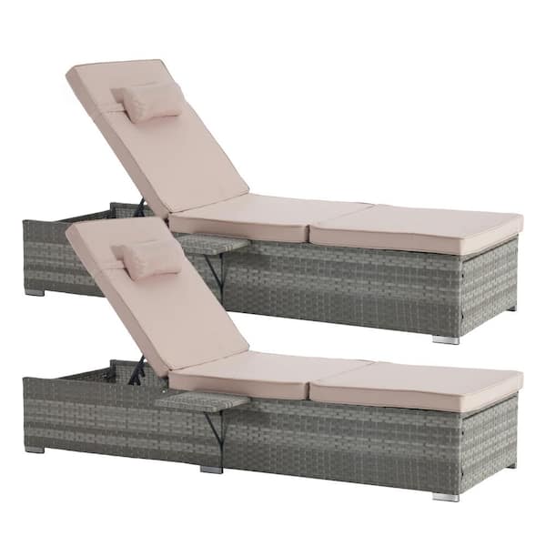 Unbranded Gray 2-Piece Wicker Outdoor Adjustable Chaise Lounge with Khaki Cushions and Built in Table