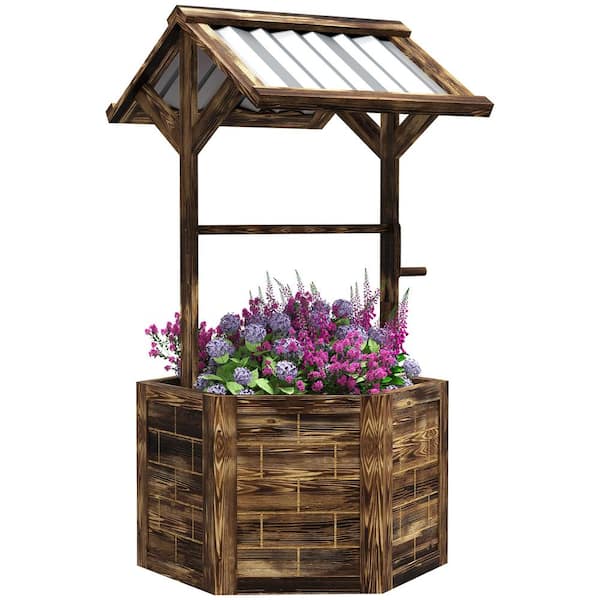 Outsunny 25.6 in. Tan Wood Wishing Well Planter with Galvanized Canopy(1-Pack)