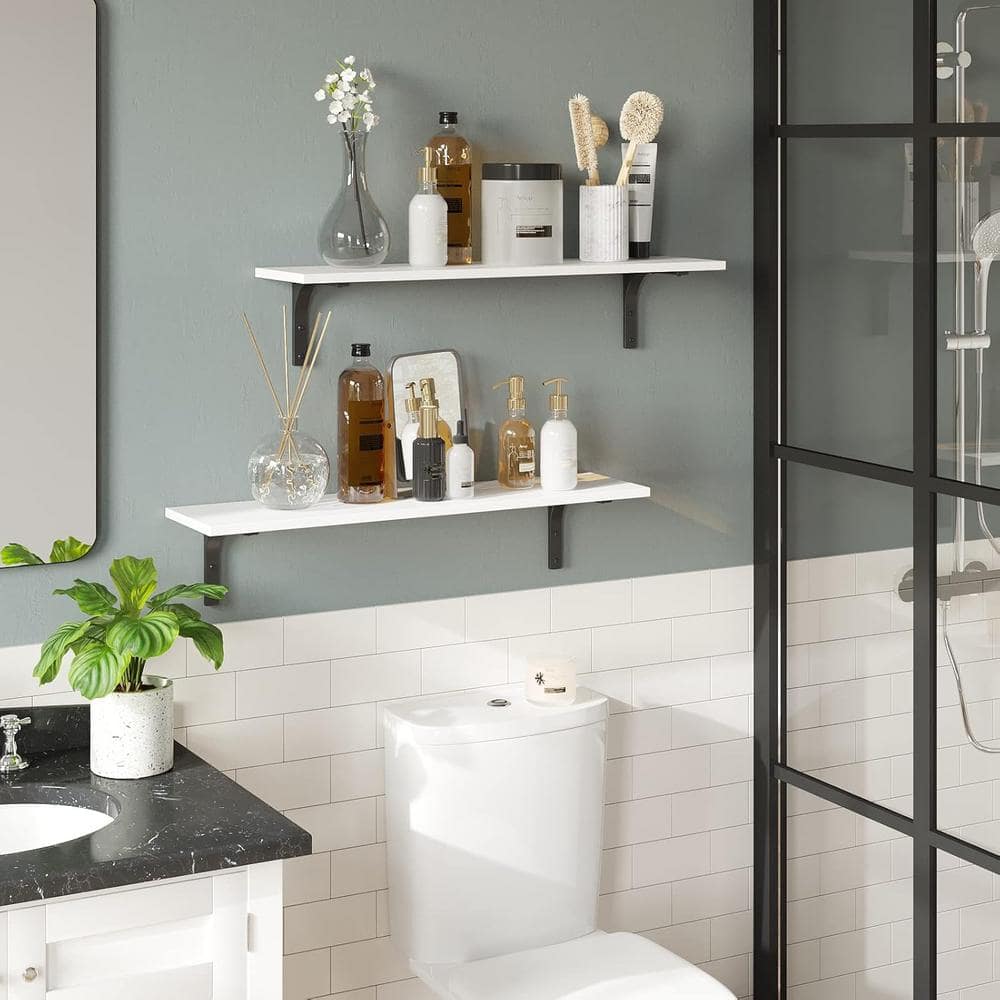 23.6 Inch White Wood Floating Wall Shelves with Black Metal Brackets