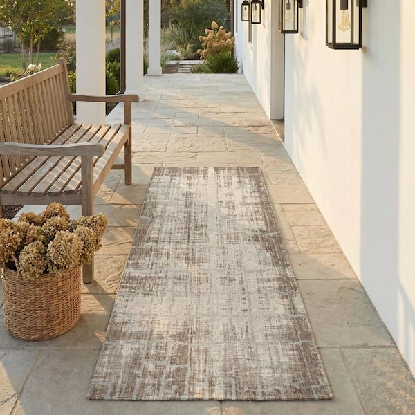 Charm Tiverton Sand-Ivory 2 ft. x 7 ft. Transitional Flatwoven Abstract Polypropylene Runner Indoor/Outdoor Area Rug