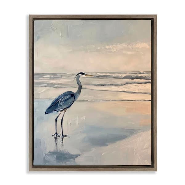 Heron on Classic Coast by Petal Prints Design Brown Floater Frame Coastal Graphic Art Print 21 in. x 17 in.