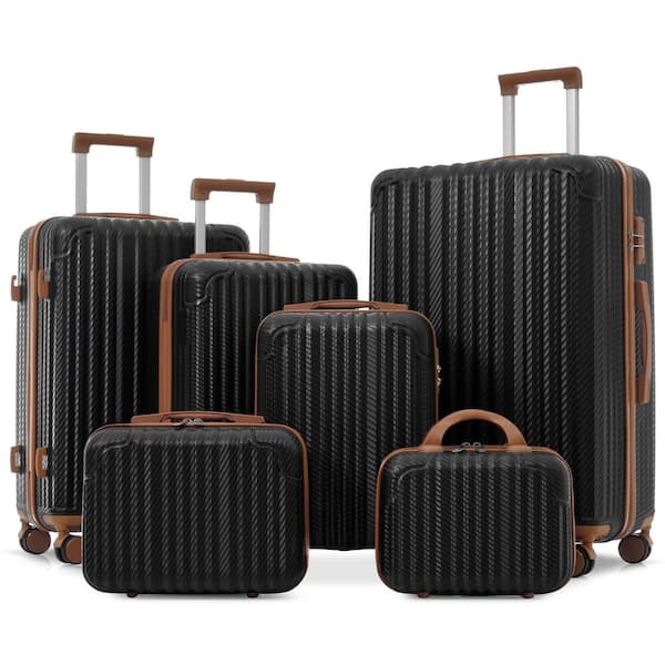 6 or More Bags 6-Pc Black Brown ABS Hardshell 12, 14, 16, 20, 24, 28 in. Dual Spinner Luggage Set Carry-on Check-in Size