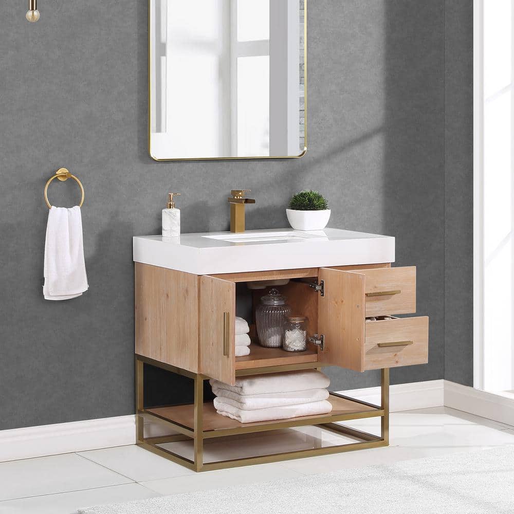 Bianco 36" Light Brown Wood Vanity with White Stone Top
