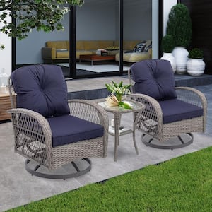 Chic Courtyard Gray 3-Piece Wicker Outdoor Bistro Set with Navy Blue Cushions & 360° Rocking Chair, Tempered Glass Table