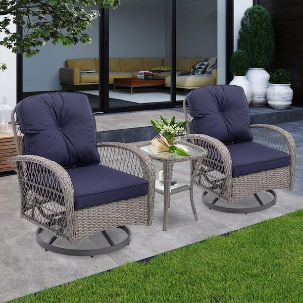 Nivencai Chic Courtyard Gray 3-Piece Wicker Outdoor Bistro Set with Navy Blue Cushions & 360° Rocking Chair, Tempered Glass Table