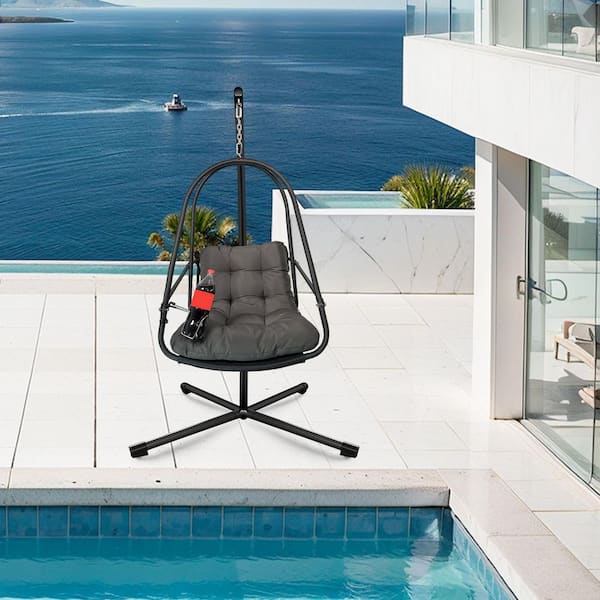 Swing Egg Chair with Stand Outdoor Wicker Rattan Patio Swing with C Type bracket with cushion and pillow