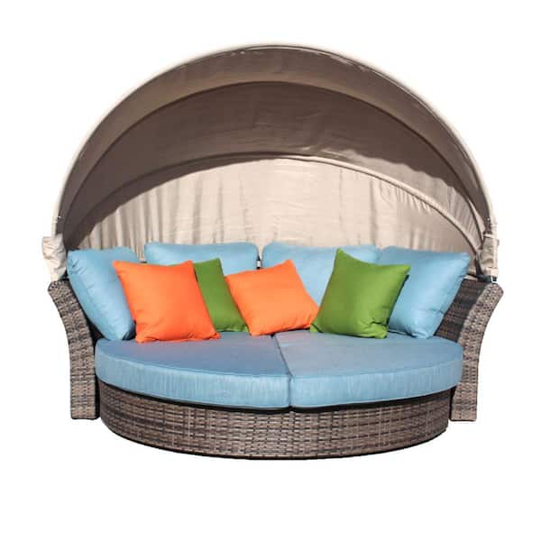Courtyard Casual Eclipse Taupe Wicker Outdoor Expandable Oval Day Bed with Blue Cushion and Canopy