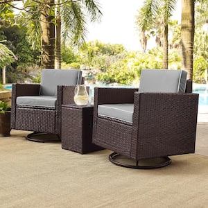 Palm Harbor 3-Piece Wicker Patio Outdoor Conversation Set with Grey Cushions - 2 Swivel Chairs and Side Table