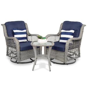 3-Piece Gray Wicker Patio Outdoor Bistro Set with Navy Cushions, Swivel Rocking Chairs, Side Table