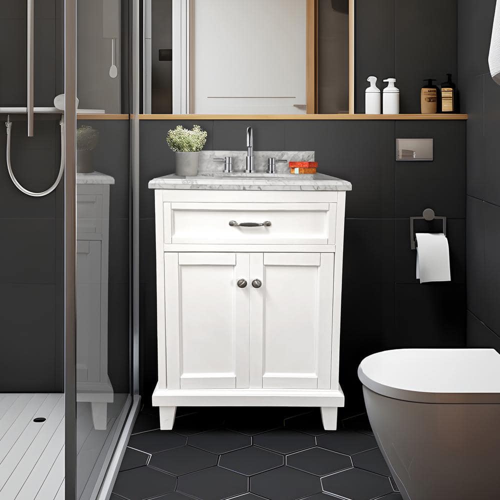 24" White Solid Wood Bathroom Vanity with Carrara Marble Top