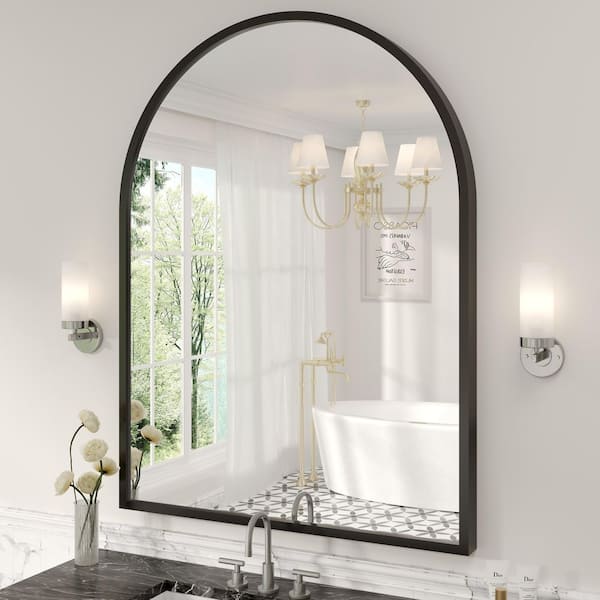 48 in. W x 36 in. H Arched Aluminum Alloy Framed French Cleat Mounted Wall Decor Bathroom Vanity Mirror in Matte Black