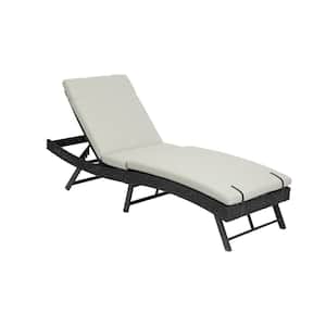 Black Wicker Outdoor Steel Frame Chaise Lounge with Biege Cushion
