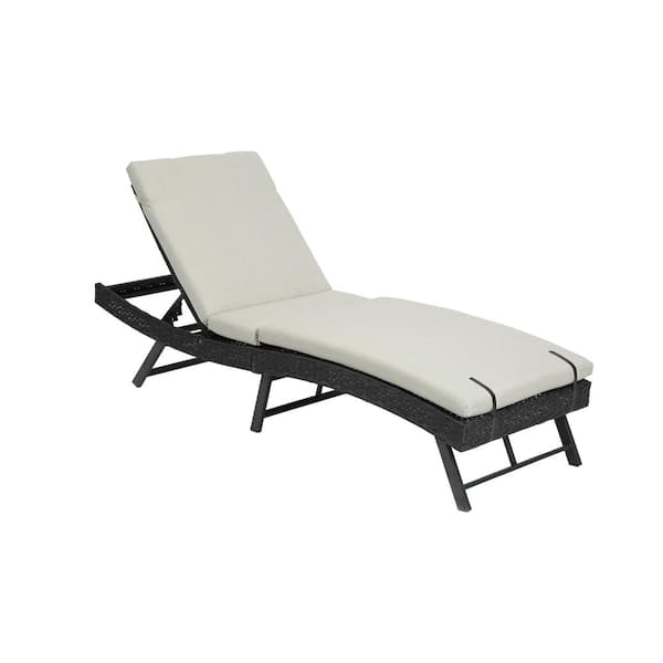 HOMEFUN Black Wicker Outdoor Steel Frame Chaise Lounge with Biege Cushion