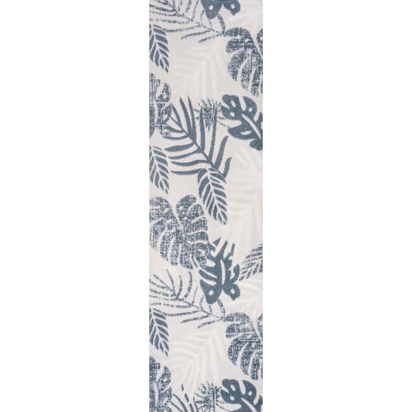 Monstera Tropical Leaf High-Low Cream/Dark Blue 2 ft. x 8 ft. Indoor/Outdoor Runner Rug