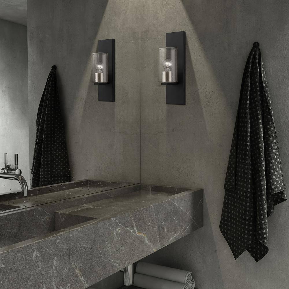 Black and Brushed Nickel 1-Light Sconce with Clear Seeded Glass