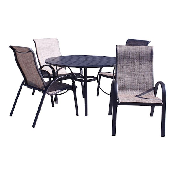 Courtyard Casual Santa Fe Java Aluminum Outdoor 5-Piece Sling Dining Set with 48 in. Round Table and 4 Sling Chairs