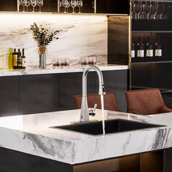 Touchless Single Handle 360° Swivel 16.9 in. Height Pull Down Sprayer Kitchen Faucet In Brushed Nickel