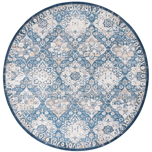 Orlando 7 ft. x 7 ft. Round Blue/Beige Coastal Traditional Persian Floral Washable Area Rug