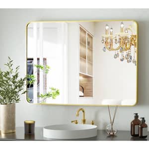 26 in. W x 37 in. H Rectangular Aluminum Alloy Framed Rounded Modern Gold Wall Mirror
