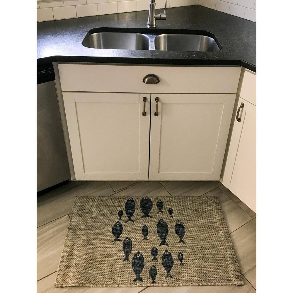 Gray and Blue Synthetic Fish Pattern Indoor/Outdoor Rug