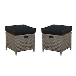 Monaco All-Weather Wicker 17 in. Square Outdoor Ottomans with Gray Cushions (Set of 2)